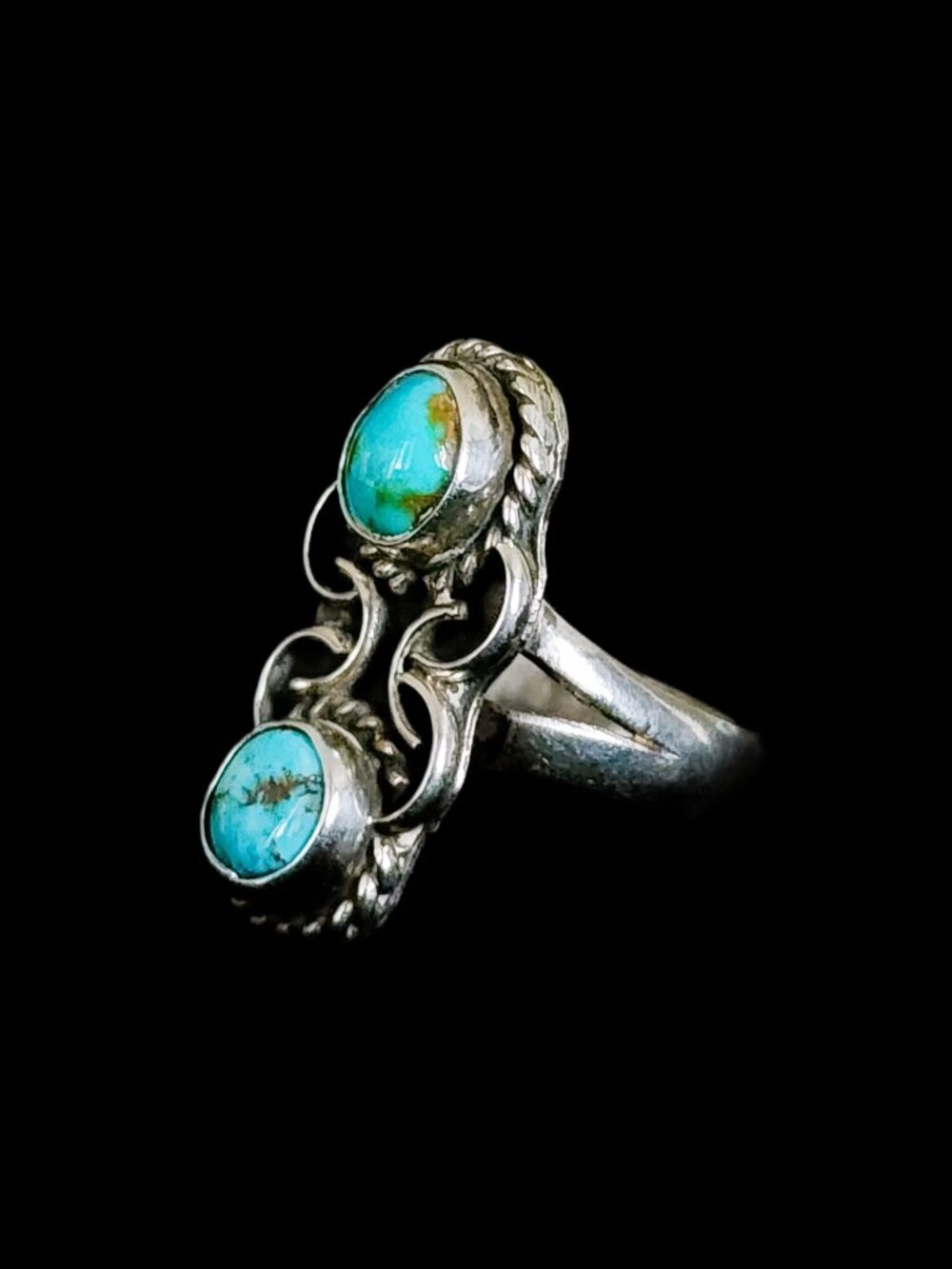 Vtg 70s Sterling Silver Double Turquoise Ring 5.5 Southwestern Boho Western 925